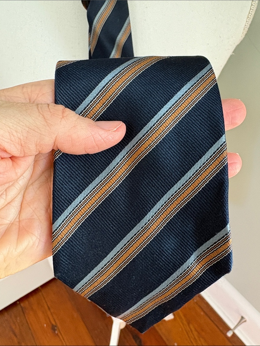 Vintage Dorian Guy Striped Navy Men's Tie Brown Light Blue 100% Silk